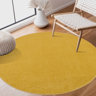 SANAT Kurzflor Teppich Wohnzimmer - Uni Modern Teppiche fürs Schlafzimmer, Arbeitszimmer, Büro, Flur, Kinderzimmer und Küche - Gelb, 80 cm Rund