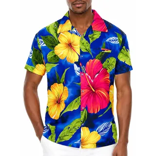 King Kameha Funky Hawaii-Hemd Herren Kurzarm Front-Tasche Stylish Tropisch Große Blumen Blätter Unisex - XXL