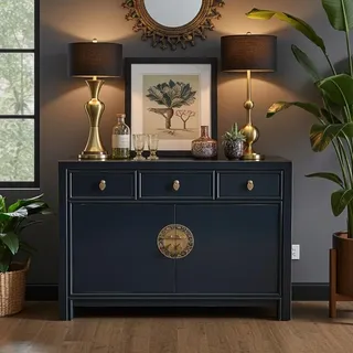 OPIUM OUTLET Chinesische Kommode Asia Sideboard orientalischer Schrank asiatische Vintage Möbel Anrichte Hochzeitsschrank komplett montiert blau Midnight-Blue