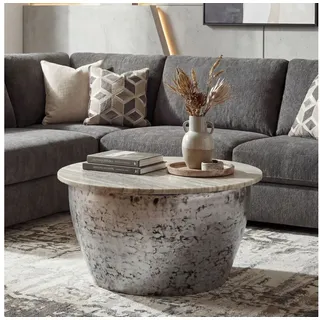 FINEBUY Couchtisch FB116731 Sofatisch Marmor Wohnzimmertisch 60cm rund Tisch Handmade (Extravaganter Tisch in moderner Trommelform), Weiße Marmorplatte auf massivem Eisen silberfarben