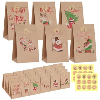 Simpeak 24 Stück Geschenktaschen Weihnachten, DIY Adventskalender Braun Papier Tüten Butterbrottüten Süßigkeiten Plätzchen Mitgebseltüten Partyzubehör con 24 Aufkleber, 24 * 13 * 8cm