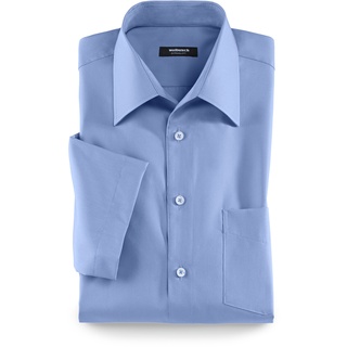 Walbusch Herren Hemd Bügelfrei Kragen ohne Knopf einfarbig Azur 43 - Kurzarm