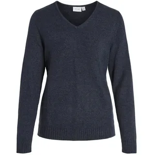Vila Strickpullover Dünner Strickpullover Basic Stretch VIRIL für Damen Regular Fit V-Ausschnitt unifarben wärmend Ohne Verschluss blau XXL (46)