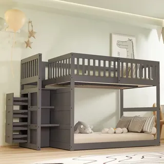 Niedriges Etagenbett140 X 200 Cm, Sicherheits-etagenbett Mit Staufach, Hohes Zaun-design, Holzbett, Grau