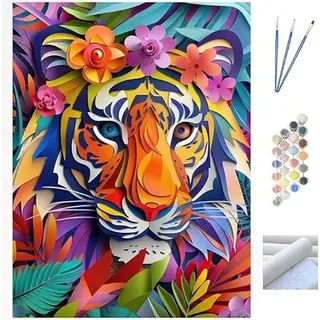 Malen Nach Zahlen Erwachsene Kit, Malen Nach Zahlen Tiger Bunt Anfänger DIY Paint by Numbers mit Pinseln und Acrylfarben, DIY Ölgemälde Leinwand Basteln für Home Wall Deco (Ohne Rahmen) 40x60cm WK-639