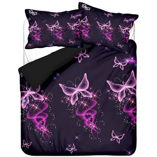 Dream Butterfly Bettbezug 135x200 cm Einzelbett Lila Blau Schwarz Mandala Schmetterling Blume Stern 3D Drucken Mikrofaser Mädchen Frau Bettwäsche Set mit Kissenbezug (135 x 200 cm, Violett)