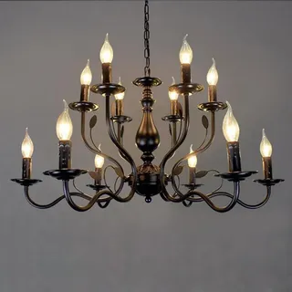 Groß Esszimmer Lampe Antik Kronleuchter Pendelleuchte LED 2 Etagen Vintage Schwarz Metall Eisen Wohnzimmer Hängelampe Rustikal Industrielle E14 Decke Strahler Restaurant Küche Büro 12-flammig, D100cm
