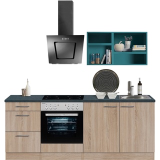 Küchenzeile OPTIFIT "Mini" Komplettküchen-Sets Gr. B/T: 210 cm x 60 cm, blau (küche: eichefarben, blau, anthrazit, korpus: arbeitsplatte: anthrazit) Küchenzeilen mit Elektrogeräte