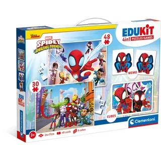 Clementoni Edukit 4 in 1 Spidey and His Amazing Friends (Memo, Puzzle 30 und 48 Stücke, 6 Würfel), pädagogische, für Kinder, Gedächtnis und Logik-Spiel, Hergestellt in Italien, Multicolor - 18295