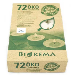 Öko-Teelichter Ø38 mm, BIOKEMA, ohne Alu-Hülle, Brenndauer ca. 4h, 72 St.
