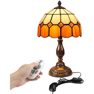 FSLiving Dimmbar Nachttischlampe mit Kabelschalter und Fernsteuerung, Lampenschirm aus Glas, Tiffany-Stil Leselicht Nachttischlampe Tischlampe, 1x E27, Schreibtischlampe TD0528