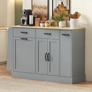 Küchenbuffet Mit Integriertem Abfallbehälter – 133,5 X 40 X 86 Cm – Moderne Gewürzregale – Grau Und Holz