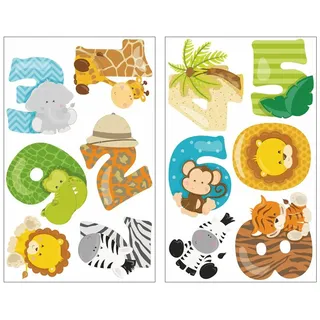 Samunshi® 12x Wandtattoo Zahlen mit Safari Tieren Set Wandbilder Kinderzimmer Deko Junge Wandtattoo Kinderzimmer Mädchen Wandsticker 2x 16x26cm
