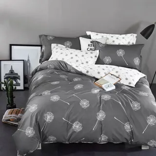 Baumwolle Bettwäsche 155x220cm Bettbezug , Kopfkissenbezug 80x80cm 2teilig Set Grau Pusteblumen mit Reissverschluss - Dunkelgrau