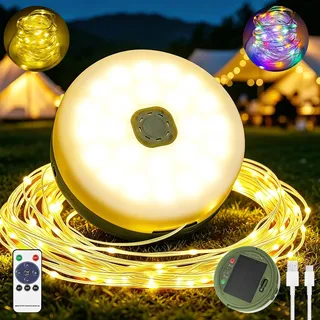 Camping Lichterkette Aufrollbar Solar,USB Wiederaufladbare LED Lichterkette | Tragbare Vielseitige Campinglampe Lichterkette Außen, 10M Wasserdichte Zeltleuchten für Camping Wandern Hof Garten