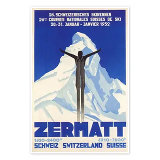 Posterlounge Zermatt Poster | 40 x 60 cm von Vintage Ski Collection Blau Wandbilder Wanddeko