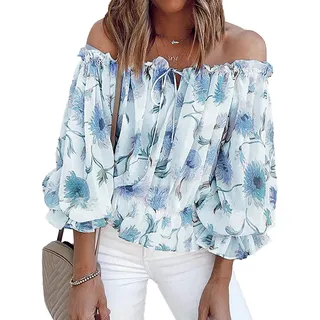 Ausla Damen Schulterfrei Blumenmuster Oberteil Sexy Trägerlos Glockenärmel Rüschen Top Sommer Elegant Carmenbluse mit Spitze(L-Blau) - L