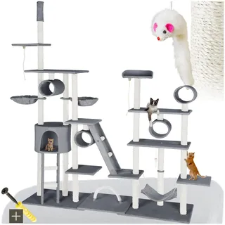 tectake® Kratzbaum XXL, Katzen Kratzbaum groß, deckenhoch, inkl. Zubehör Katzen Spielzeug, Hängematte, Kratzsäule, Katzenhaus, Katzentunnel, Liegefläche, Katzentreppe, variabel - grau