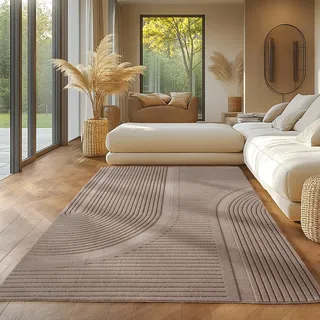 SIMPEX Teppich Boho 140 x 200 cm Beige, Weicher Skandinavischer Kurzflor mit 3D-Effekt, Waschbar & Pflegeleicht, Vielseitiger Teppich für Wohnzimmer oder Schlafzimmer