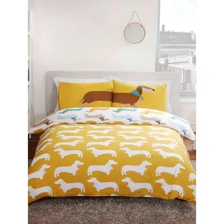 Rapport Wendbarer Dackel-Hunde-Bettbezug, Polycotton, Ocker, 3-teiliges Doppelbett