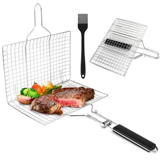 BBQ Grillkorb Fisch Grillhalter, Grillkörbe Edelstahl Faltbar Tragbar, Grillzubehör fischzange zum grillen zum Grillengrill korb für fische Gemüse ung Chicken Wings mit Backpinsel Grill Zubehör