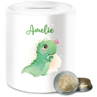 Spardose - Geschenk Dino mit Name personalisiert I Saurier I Dinos I Dinosaurier I Urzeittier - Unisize - Weiß - Kinder personalisierte Tier Tieren spardosen für wiederverschließbar Junge