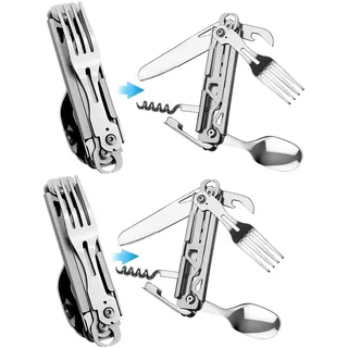 HONZIN Camping Besteck Utensilien, 5 in 1 Multifunktions Klappbesteck, tragbares Edelstahl Besteck Set für Reisen, Wandern, Rucksackreisen, mit Kordelzugbeutel (2 Pack)