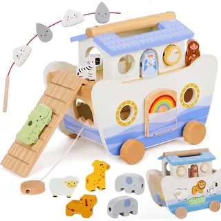 KYWAI Arche Noah Holz, Montessori Spielzeug, Taufgeschenke Jungen Mädchen | 24 Teile, 14 Tiere in Paaren + Noah-Figuren, Sortier- & Steckspiel, ab 12 Monate, christliches Tauf- & Geburtstagsgeschenk