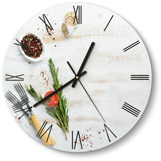 DEQORI Wanduhr 'Küchenkräuter und Gewürze' (Glas Glasuhr modern Wand Uhr Design Küchenuhr) bunt|weiß 30 cm x 30 cm