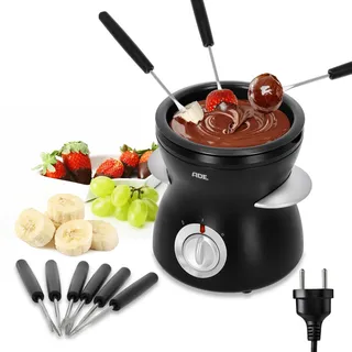 ADE elektrisches Schokofondue 250 ml mit 6 Spießen | Temperiergerät zum Schokolade & Kuvertüre Schmelzen | 2 Temperaturstufen | ideal für Schokobrunnen