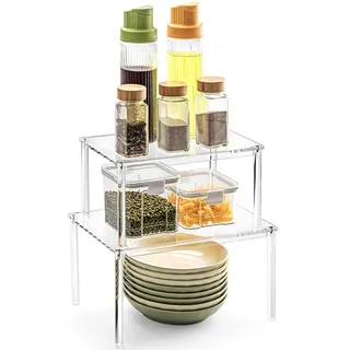 Clear Gewürzregal, Küchen-Organizer, montierter Küchenschrank Organizer, 2er Set Stapelbare Gewürz Organizer, Kücheneckregal, Mini Regal für Arbeitsplatte Küche, Speisekammer, Schminktisch Organizer