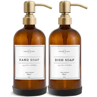 Vine Creations, 2er-Pack Seifenspender-Set für die Küche mit Edelstahlpumpe, Amberglas, 475 ml, Handseifenspender für das Badezimmer, Geschirrseifenspender für die Küche mit Wasserdichten Etiketten