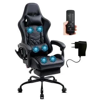 Delman Gaming Stuhl Racing Stuhl Bürostuhl Computerstuhl Massagefunktion mit 6 Vibirationspunkten Chefsessel Kunstleder Ergonomische Fußstütze 12-0037 (Schwarz)
