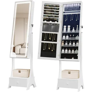 Hzuaneri 8 LEDs Schmuckschrank, 148 cm hoch rahmenlosen Spiegel Schmuck Schrank mit Lichtern, freistehende Make-up-Schmuck Lagerung mit 1 Schublade, weiß und schwarz JC35403B