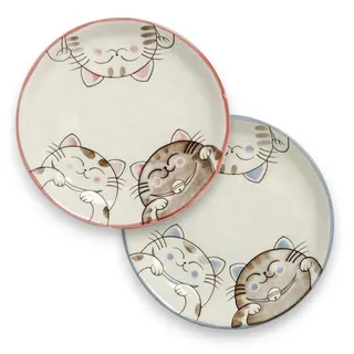 WestCraft Teller Three Cats – Japan Porzellan Teller, Schalen Set, rot & blau – Ø19,5cm, (2 St), Ideal für Antipasti, Bowls & Tapas - Feines Geschirr mit Katzenmotiv blau|rot|weiß Ø 19.5 cm x 3.5 cm