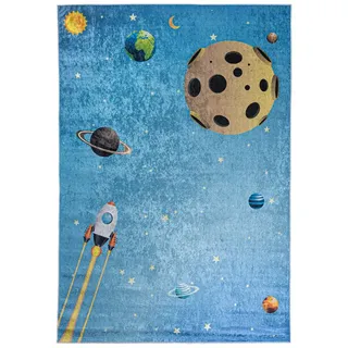 Mazovia Kinderteppich Kinderteppich Kinderzimmerteppich Planeten Weltraum, 160 x 230 cm, Kurflor, Waschbar in Waschmaschine, Höhe 5 mm, Rutschfest blau 160 x 230 cm