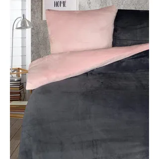 Leonado Vicenti Teddy Plüsch Bettwäsche 155 x 220 cm 2 TLG kuschelig warme Winter Flausch Cashmere Touch Wendebettwäsche Rosa Anthrazit