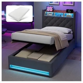 MODFU Polsterbett Funktionsbett Stauraumbett Gästebett (Stilvolles Polsterbett Dunkelgrau aus hochwertigem holländischen Samt mit hochelastischem Schaumstoff, 1-tlg., 90*200), Mit LED-Lichtleiste und USB-Aufladung grau