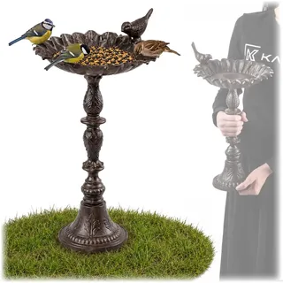 KADAX Stehende Vogeltränke aus Gusseisen, 45 cm Höhe, Wassertränke stehend mit Standfuß, Wasserschale für Garten, Terrasse & Balkon, Vogelbad für Wildvögel