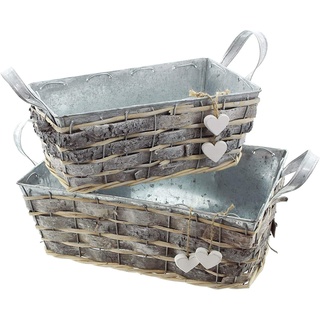 Dekoleidenschaft 2x Blumenkasten aus Zink, Rinde & Weide, Pflanzkasten, Kräutertopf, Balkonkasten, Pflanzgefäß, Gartendeko für Draußen, - grau,
