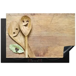 MuchoWow Herd-Abdeckplatte Holz - Löffel - Braun - Smiley, Vinyl, (1 tlg), Küche Herdabdeckplatte Ceranfeld Vinyl Einteilig, 81.2x52 cm 81.2 cm x 52 cm x 0.2 cm