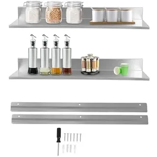 QUIOTUIR Wandregal Edelstahl 2er Set 76cm L-förmig Schweberegal Küche Bad mit 20kg Tragkraft Wandmontage Regale für Gewürze Besteck Teller, Platzsparendes Küchenregal Wand Rostfrei Modern Silber