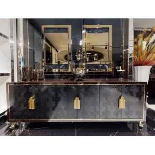 Casa Padrino Luxus Möbel Set Dunkelbraun / Schwarz / Gold - 1 Luxus Sideboard mit 6 Türen & 2 Luxus Wandspiegel - Luxus Möbel - Luxus Einrichtung