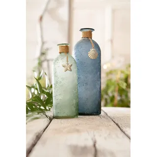 Dekoleidenschaft 2X Dekovase Maritim aus satiniertem Glas, blau & grün, Flaschenvase dekoriert mit Seestern & Muschel, Blumenvase, Glasflasche