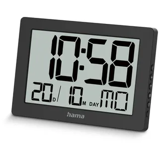 Hama Wanduhr digital (Anzeige von Zeit, Kalender, Wochentag, 7 Sprachen, Displayanzeige in Stunden und Minuten, mit ausklappbarem Standfuß zur Verwendung als Tischuhr, inkl. Batterien) schwarz