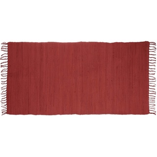 Relaxdays Flickenteppich rot 70 x 140 cm mit Fransen aus 100 % Baumwolle, einfarbig, Fleckerlteppich, red