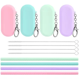4er Set Silikon Strohhalme für Kinder Faltbare Reise-Trinkhalme Wiederverwendbare mit Aufbewahrungsbox & Schlüsselanhänger Für Bubble Tea, Cocktails Heiße/Kalte Getränke Inkl. Reinigungsbürste