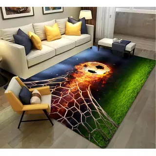 3D Fußball Teppich für Kinder und Jungen - Geschenk und Deko für Jugendzimmer, Kinderzimmer, Wohnzimmer - Waschbarer Kurzflor Teppich für Fußballfans - Anti-Rutsch Unterseite (Gelb, 100x150 cm)