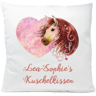 Kissen Pferd braun Herz mit Namen Widmung 40x40 cm inkl. Füllung Kuschelkissen Geschenk, Kissen Farbe:Vorderseite weiß/RS schwarz
