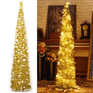 Künstlicher Pop-Up-Weihnachtsbaum mit 100 LED-Lichtern, zusammenklappbar, Bleistift-Weihnachtsbäume für Urlaub, Karneval, Party, Weihnachtsdekoration (gelb)